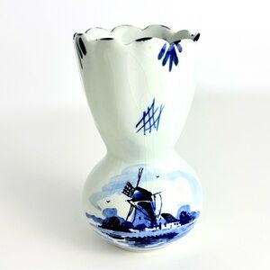 Vintage Delft Blue Miniature Vase 4” Hand Painted Holland Windmill/ Floral Scene